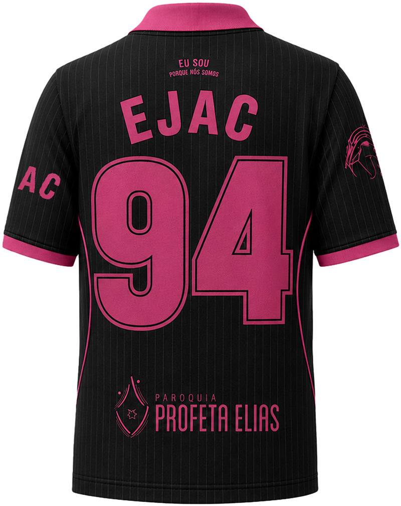Verso da camiseta do EJAC: nome e número em rosa, com o brasão da Paróquia Profeta Elias embaixo