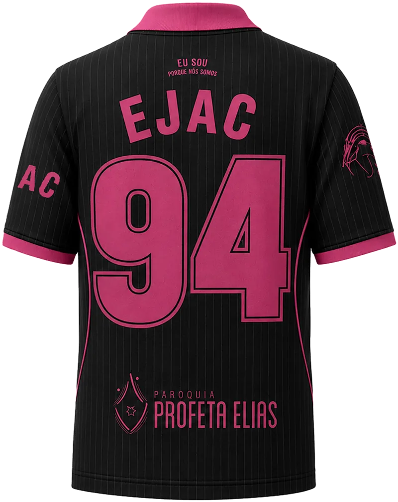 Verso da camiseta do EJAC: nome e número em rosa, com o brasão da Paróquia Profeta Elias embaixo